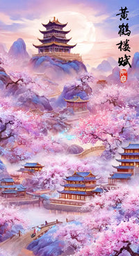 Song of Yellow Crane Tower diamond painting featuring the iconic tower with cherry blossoms and misty mountains – FEELOOK Art