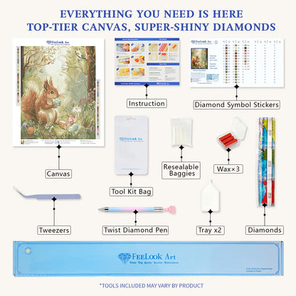 Complete Squirrel Nuts diamond painting kit with canvas, diamonds and tools - FEELOOK Art