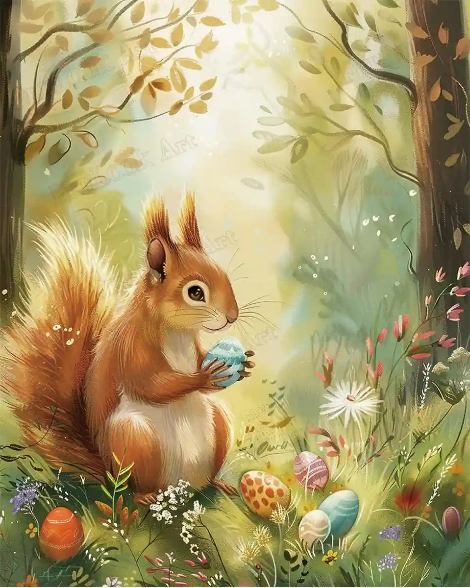 Red squirrel holding turquoise Easter egg in forest diamond painting - FEELOOK Art