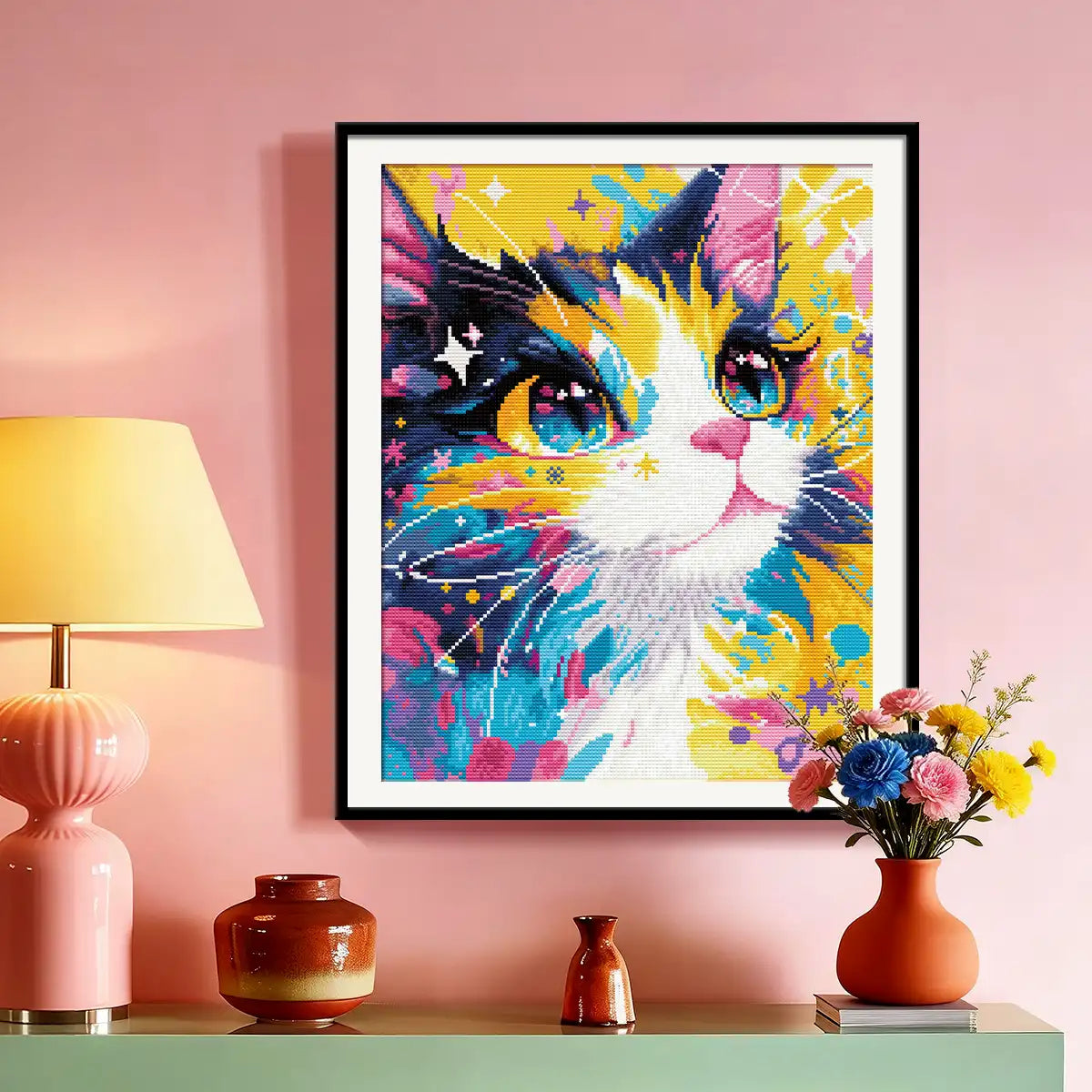 Starry Cat Diamond Painting as Wall Art in a Vibrant Living Room - FEELOOK Art