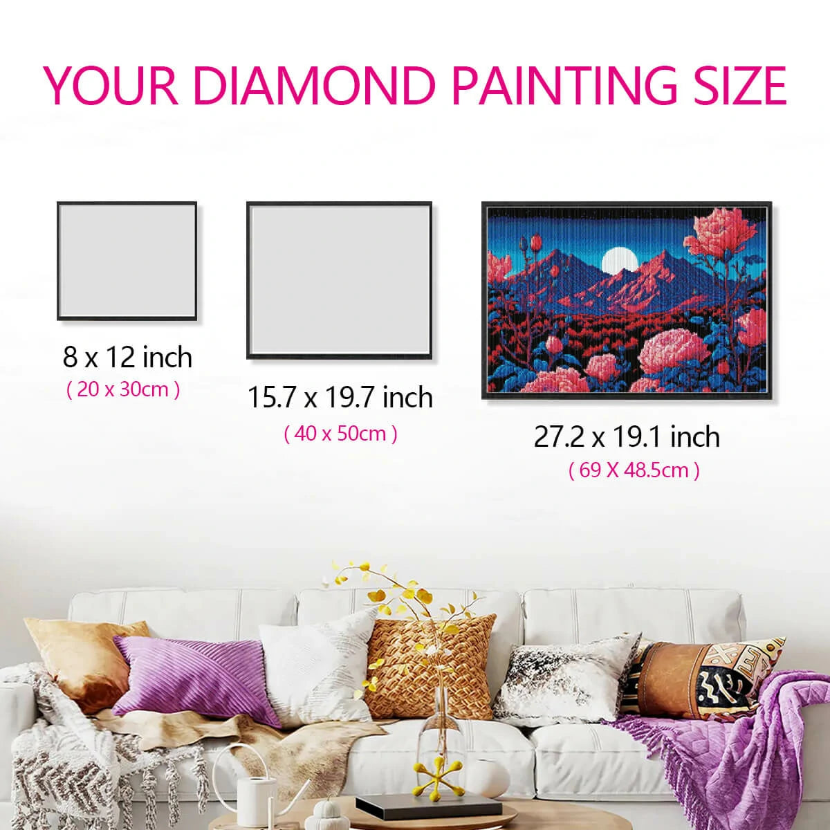 Size guide of Strange Flower painting in a styled room setup.