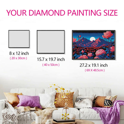 Size guide of Strange Flower painting in a styled room setup.