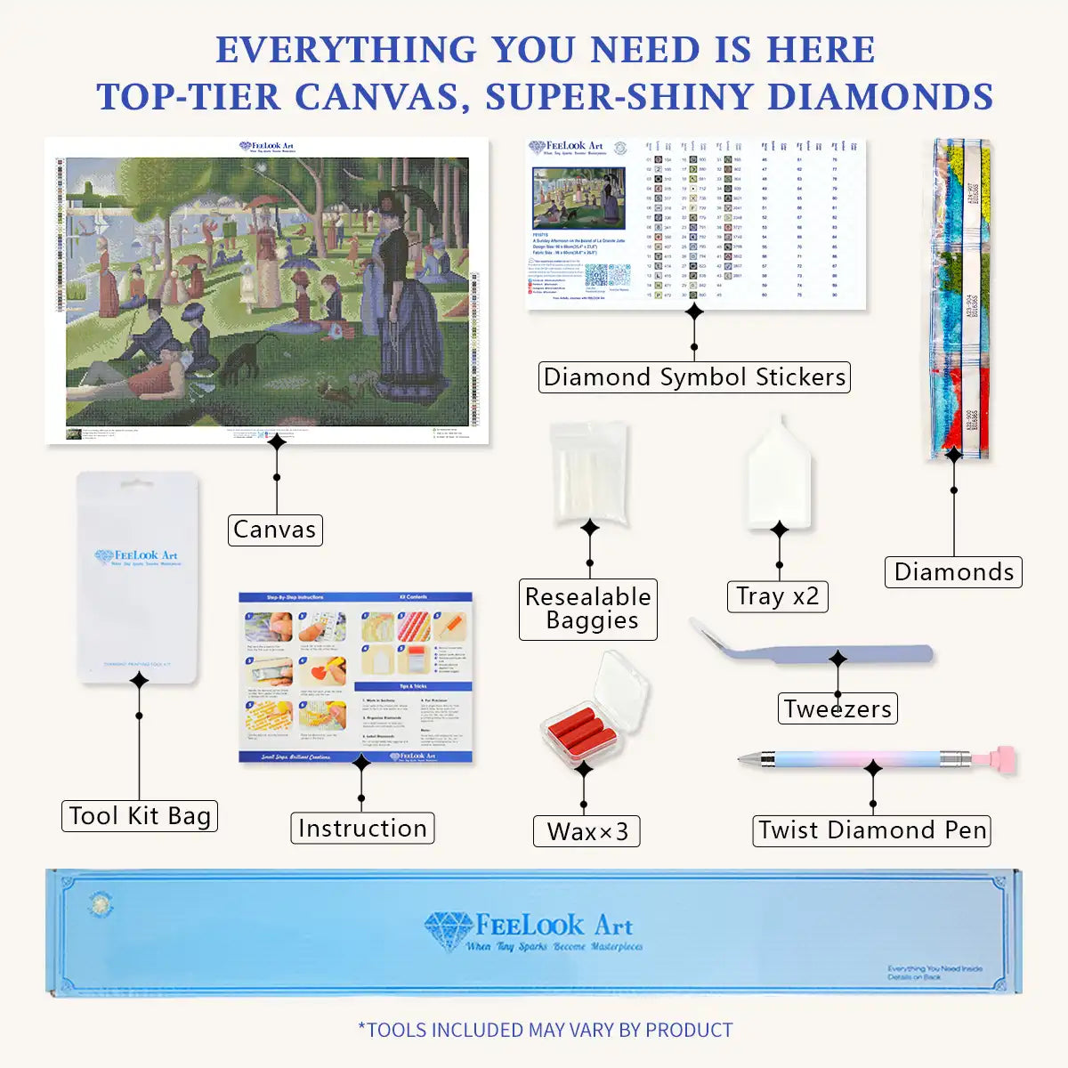Complete La Grande Jatte diamond painting kit with canvas resin drills tools tray and accessories included - FEELOOK Art