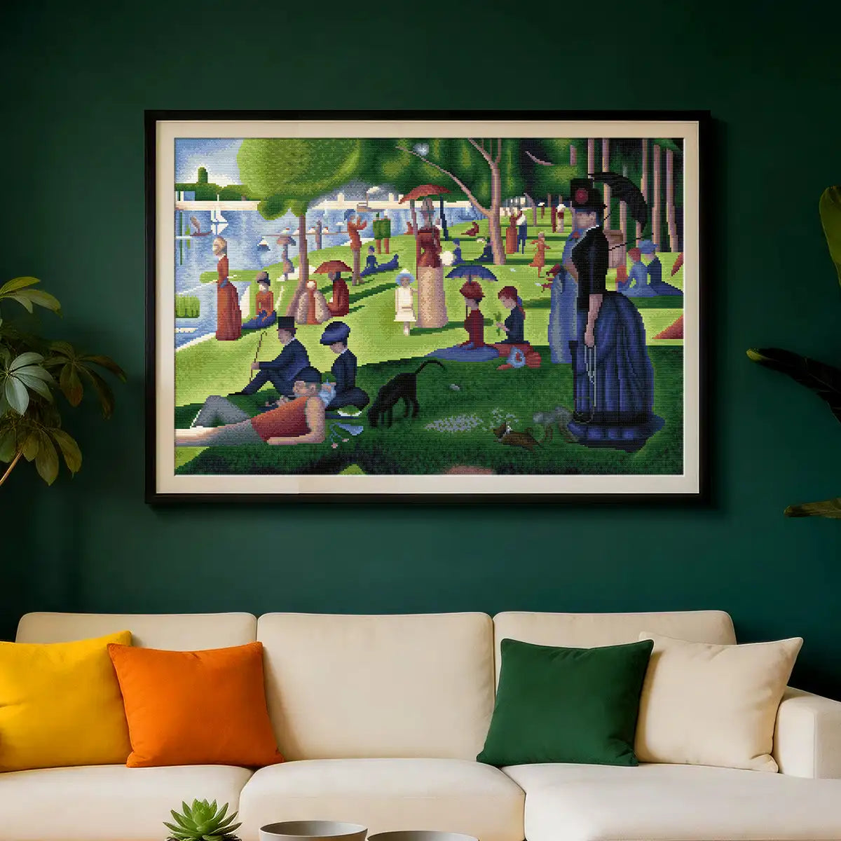 La Grande Jatte diamond painting displayed in bright modern living room with peaceful artistic atmosphere - FEELOOK Art