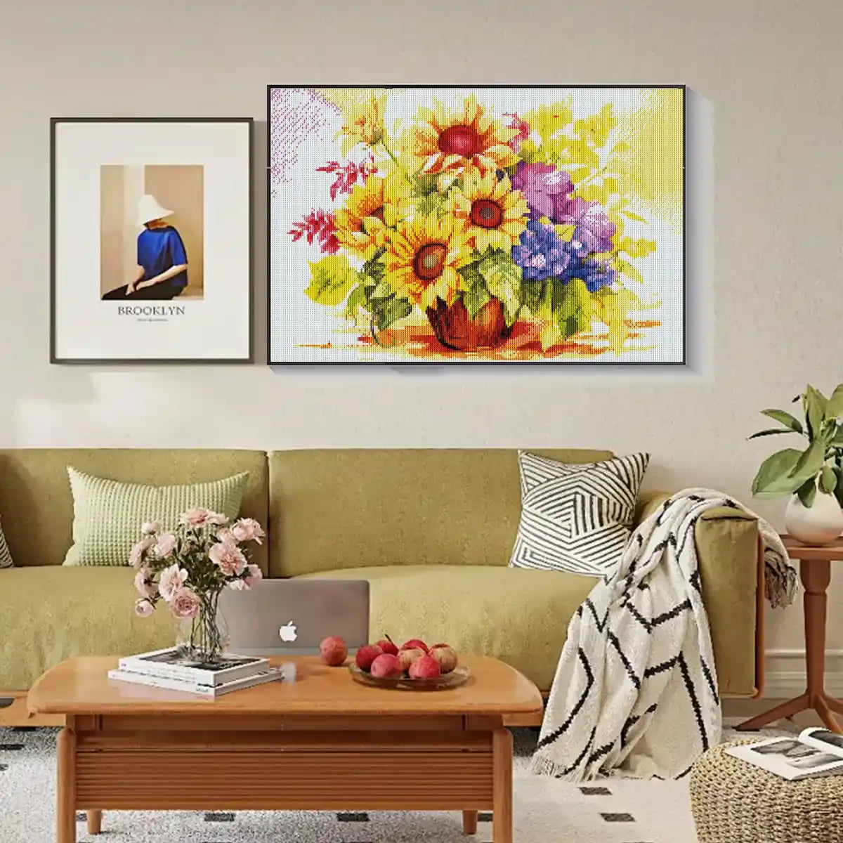 Bright sunflower painting displayed on farmhouse living room wall.