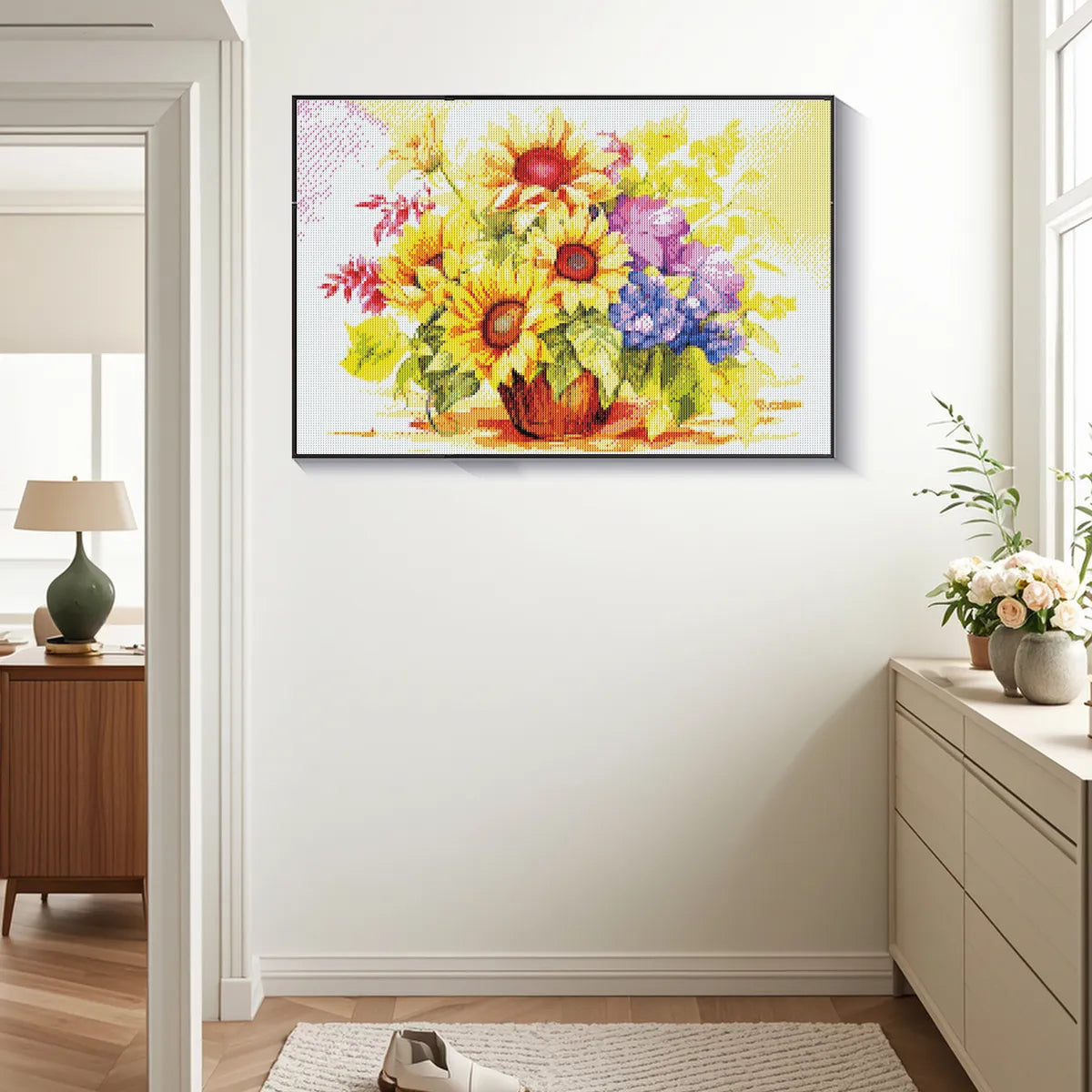 DIY diamond painting of sunflower basket hanging in cheerful entryway.