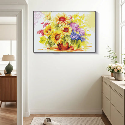 DIY diamond painting of sunflower basket hanging in cheerful entryway.