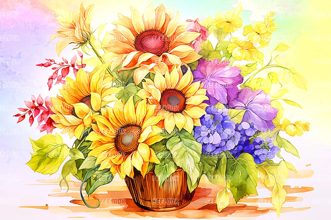 Sunflower Basket diamond painting kit with full drill round diamonds and cheerful floral theme.