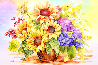 Sunflower Basket diamond painting kit with full drill round diamonds and cheerful floral theme.