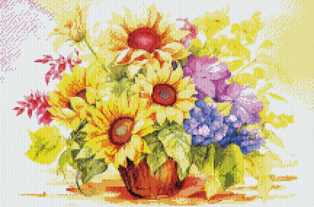 Completed sunflower and wildflowers in basket diamond painting mockup.
