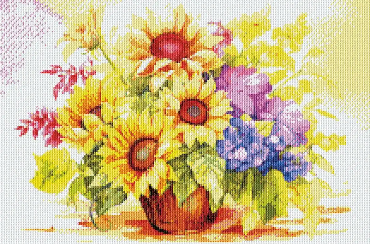 Completed sunflower and wildflowers in basket diamond painting mockup.