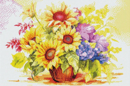 Completed sunflower and wildflowers in basket diamond painting mockup.