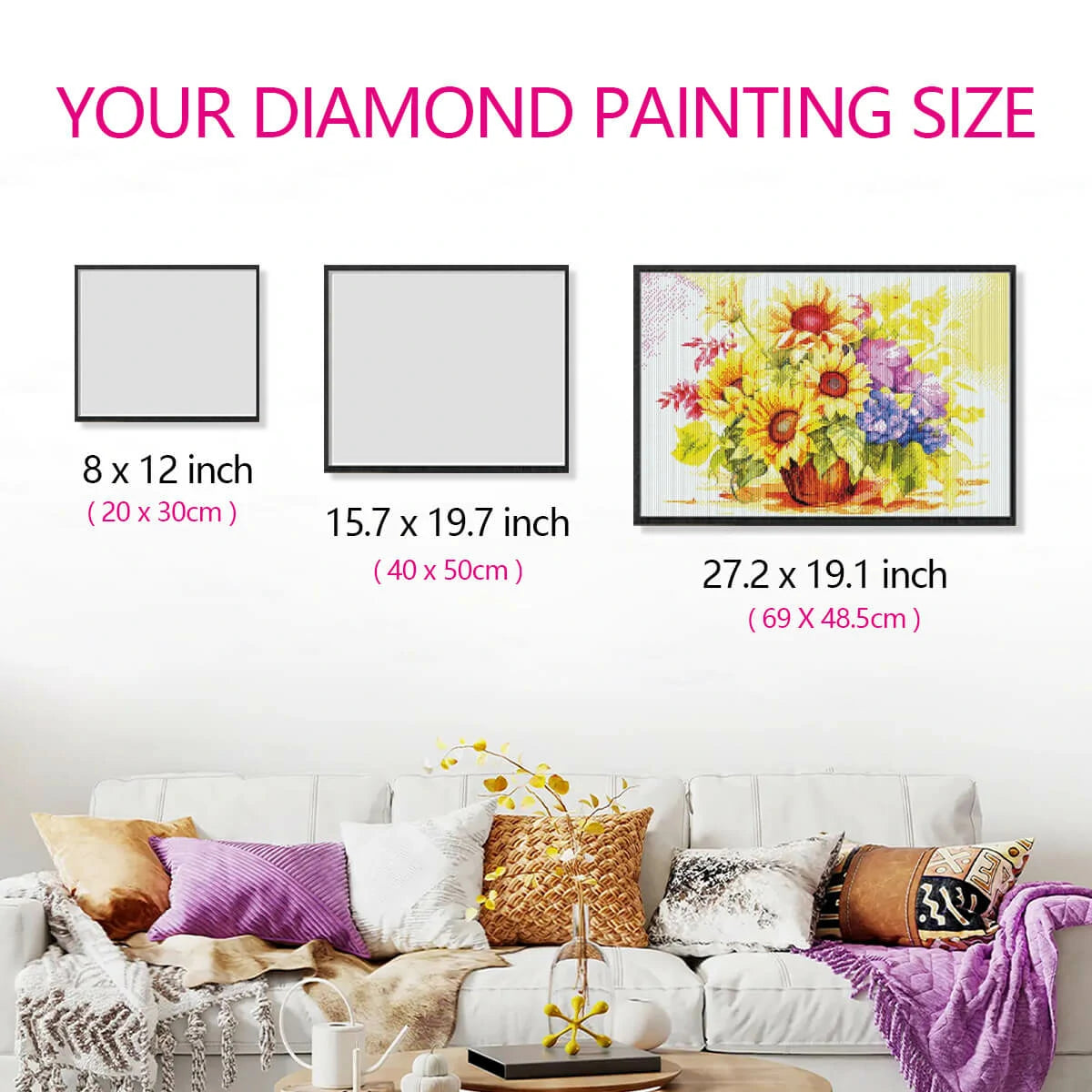 Canvas size reference for Sunflower Basket diamond art with measuring tool.