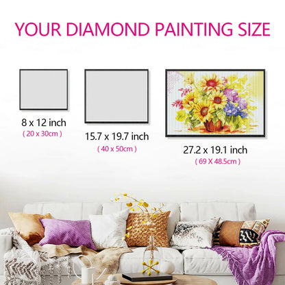Canvas size reference for Sunflower Basket diamond art with measuring tool.