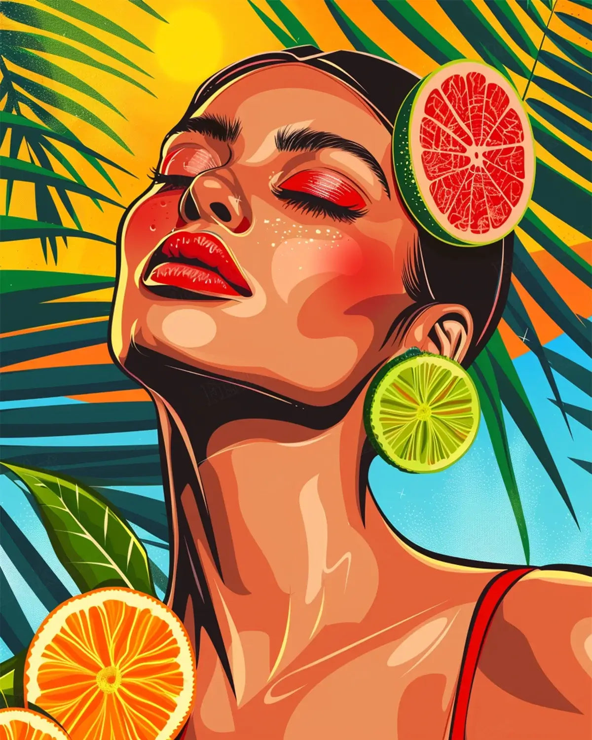 Sunkissed Zes 5D diamond painting kit with tropical pop art portrait, citrus slices and palm leaves - FEELOOK Art
