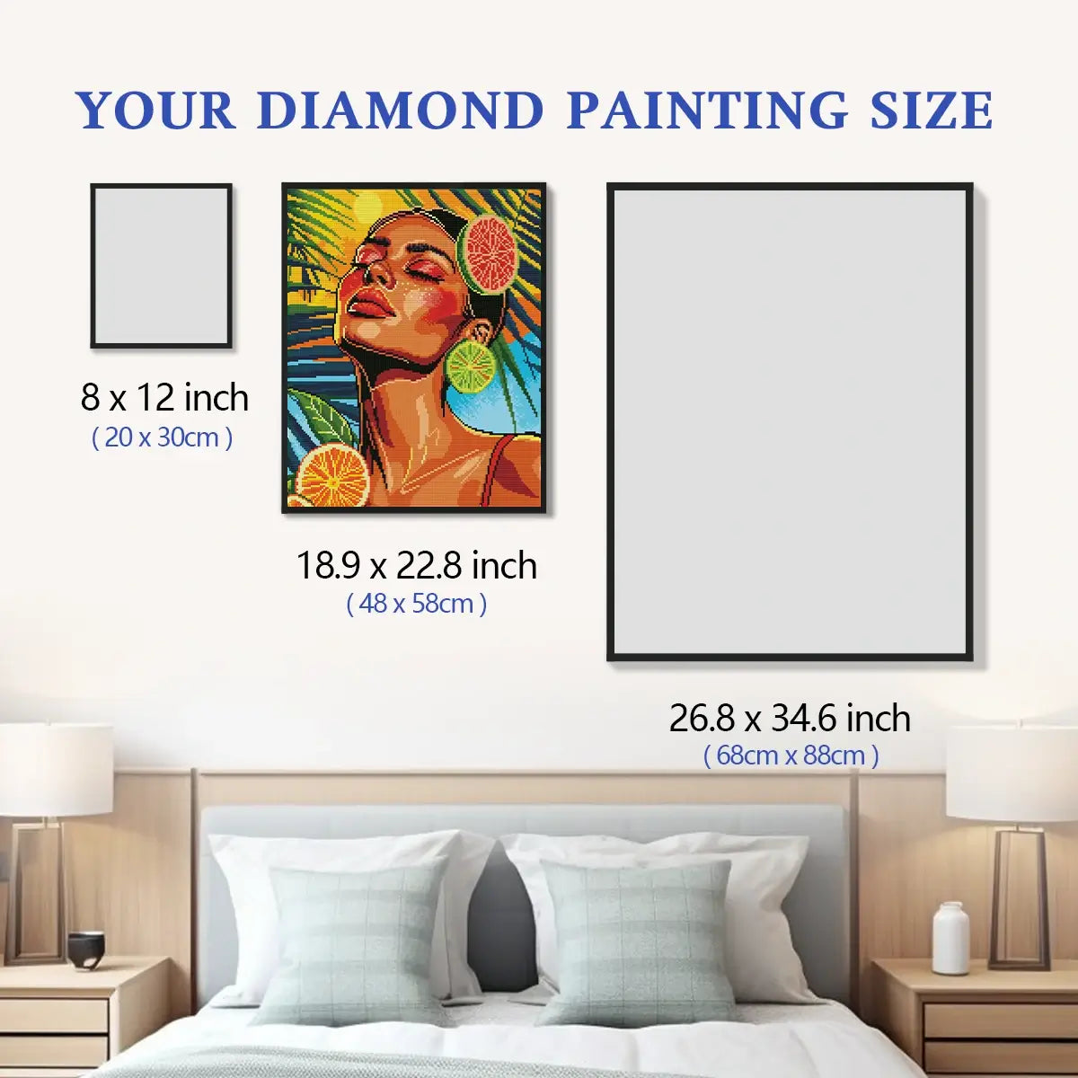 Sunkissed Zes 5D diamond painting size chart showing tropical pop art portrait scale for wall decor - FEELOOK Art