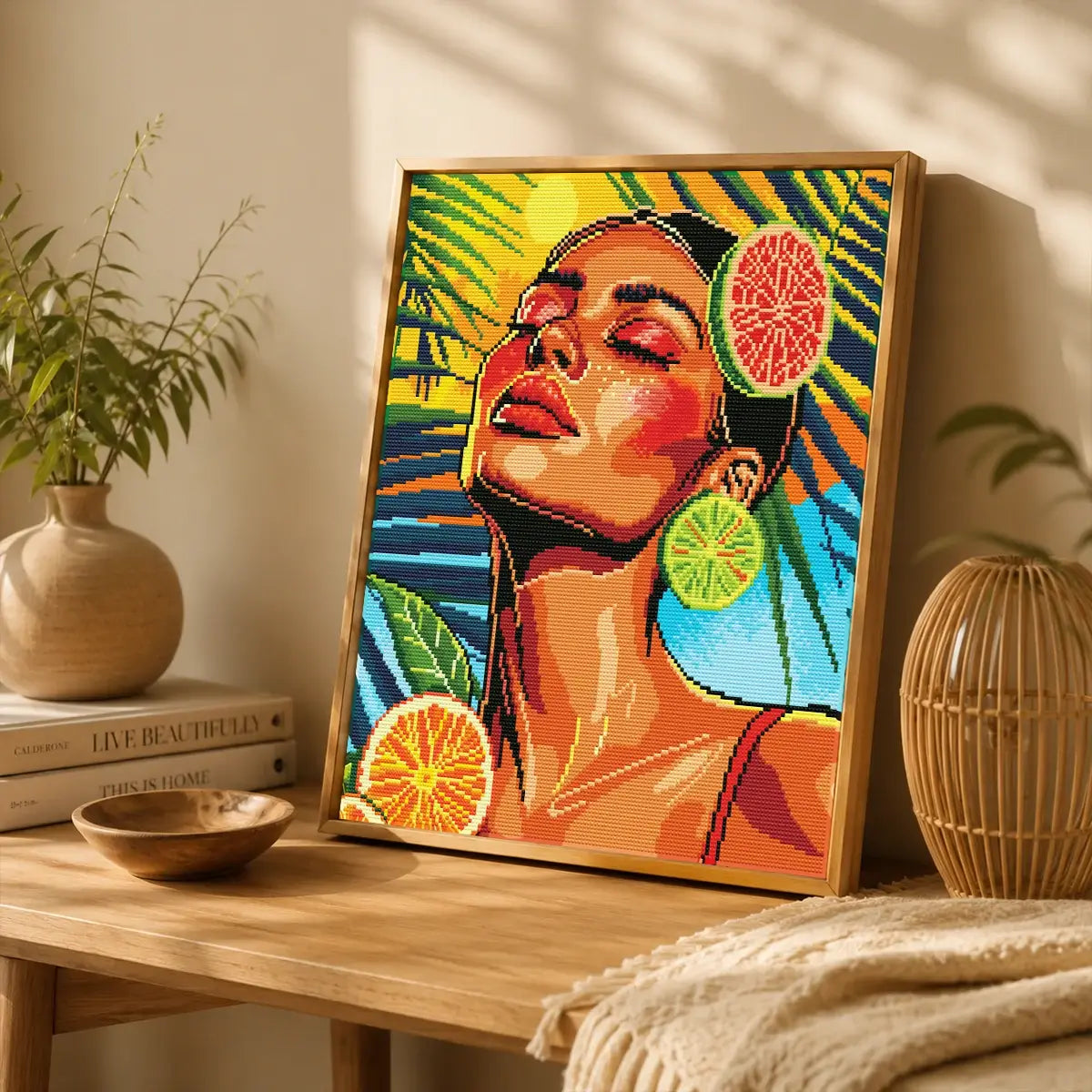 Sunkissed Zes diamond art kit styled for relaxing craft time with citrus colors and tropical pop art energy - FEELOOK Art