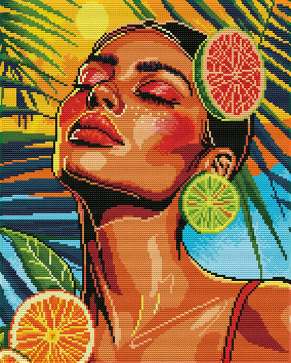Finished Sunkissed Zes diamond painting with bold tropical colors, citrus details and sunny pop art style - FEELOOK Art