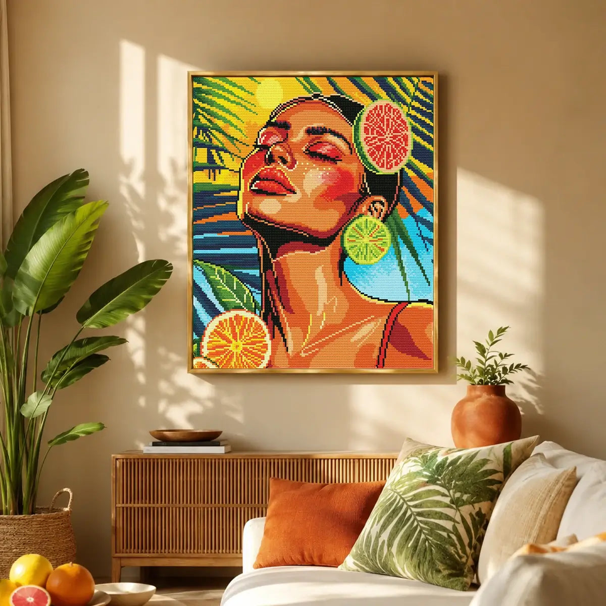 Sunkissed Zes diamond painting displayed as vibrant tropical pop art wall decor for a bright summer room - FEELOOK Art