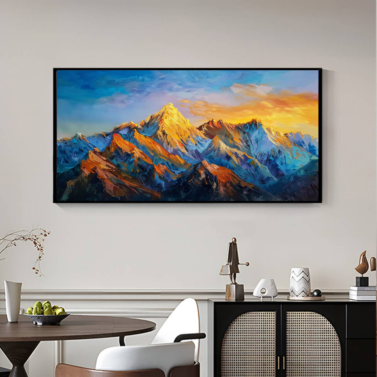 Sunlit Golden Peaks diamond painting in a cozy room, bringing serene golden mountain beauty into the décor.