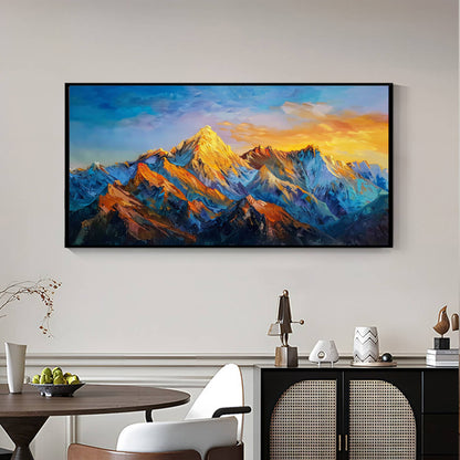 Sunlit Golden Peaks diamond painting in a cozy room, bringing serene golden mountain beauty into the décor.