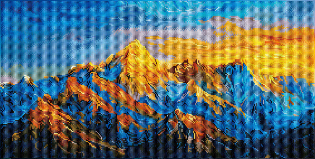Rendered view of Sunlit Golden Peaks diamond painting with vibrant golden hues and stunning mountain scenery.