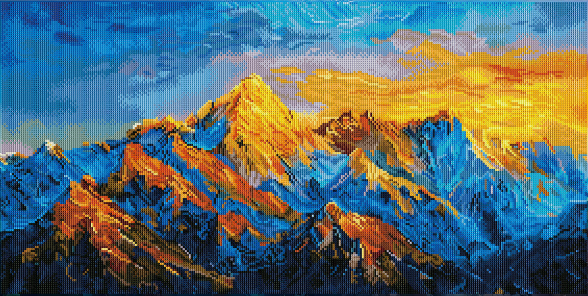 Rendered view of Sunlit Golden Peaks diamond painting with vibrant golden hues and stunning mountain scenery.