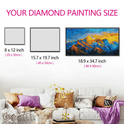 Sunlit Golden Peaks diamond painting size comparison in a living room for perfect artwork proportions.