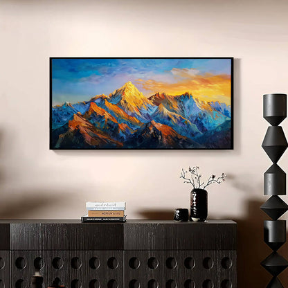 Sunlit Golden Peaks diamond painting displayed on the wall, adding warmth and beauty to any living space.