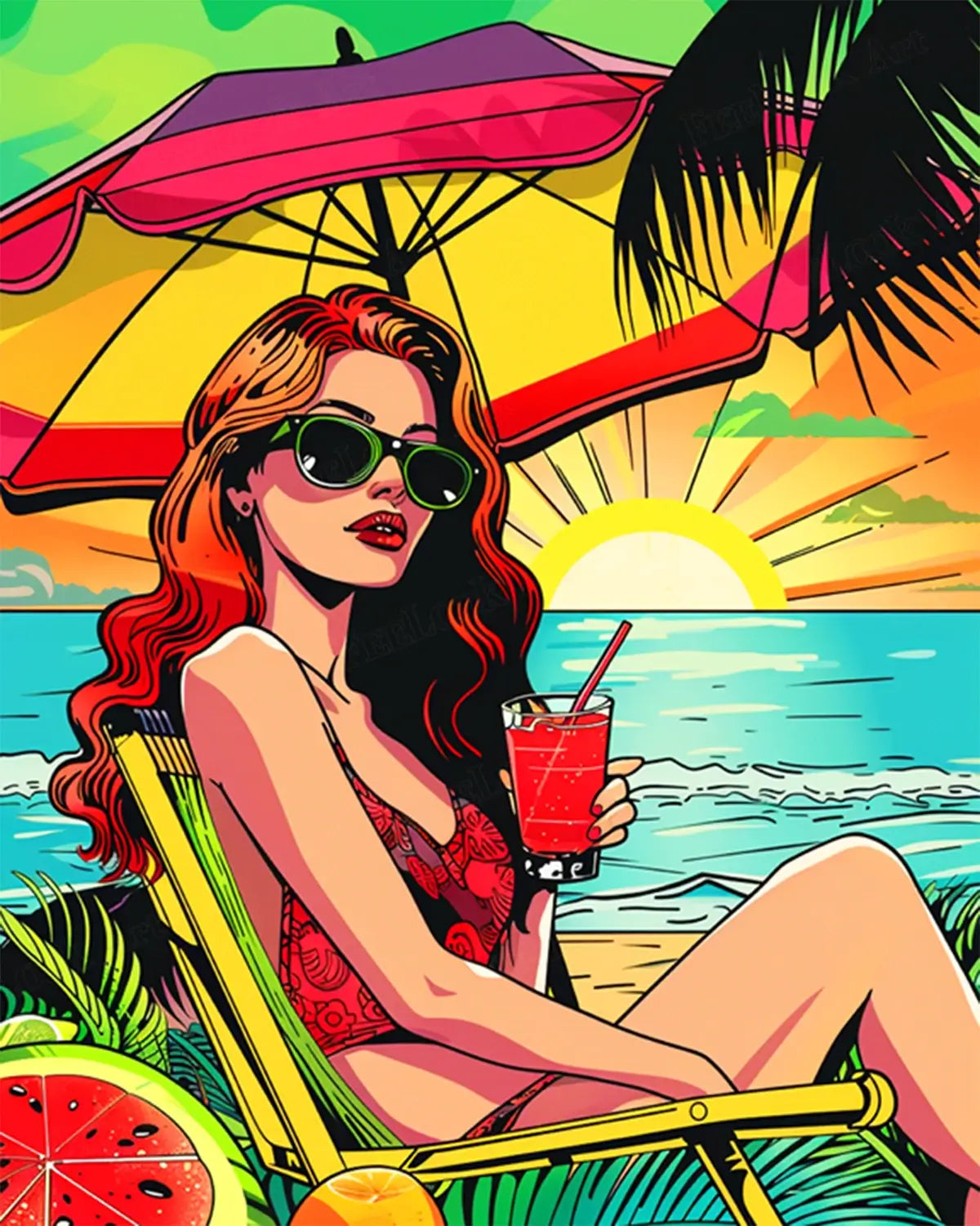 Sunset Sip full drill 5D diamond painting kit with tropical beach pop art, resin drills and cocktail scene - FEELOOK Art