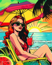 Sunset Sip full drill 5D diamond painting kit with tropical beach pop art, resin drills and cocktail scene - FEELOOK Art