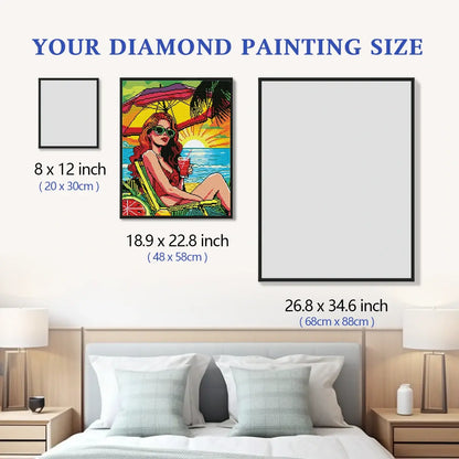 Sunset Sip 5D diamond painting size chart showing tropical beach pop art portrait scale for wall decor - FEELOOK Art