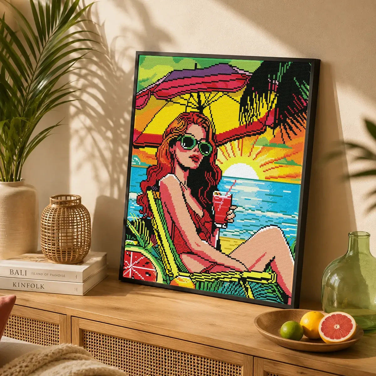 Sunset Sip diamond art kit styled for relaxing craft time with resin drills, neon drills and AB sparkle - FEELOOK Art