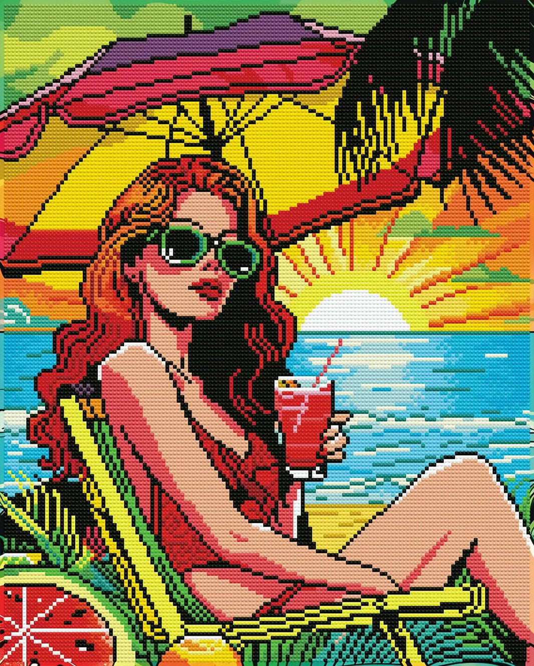 Finished Sunset Sip diamond painting with neon drills and AB drills sparkling across sunset beach colors - FEELOOK Art