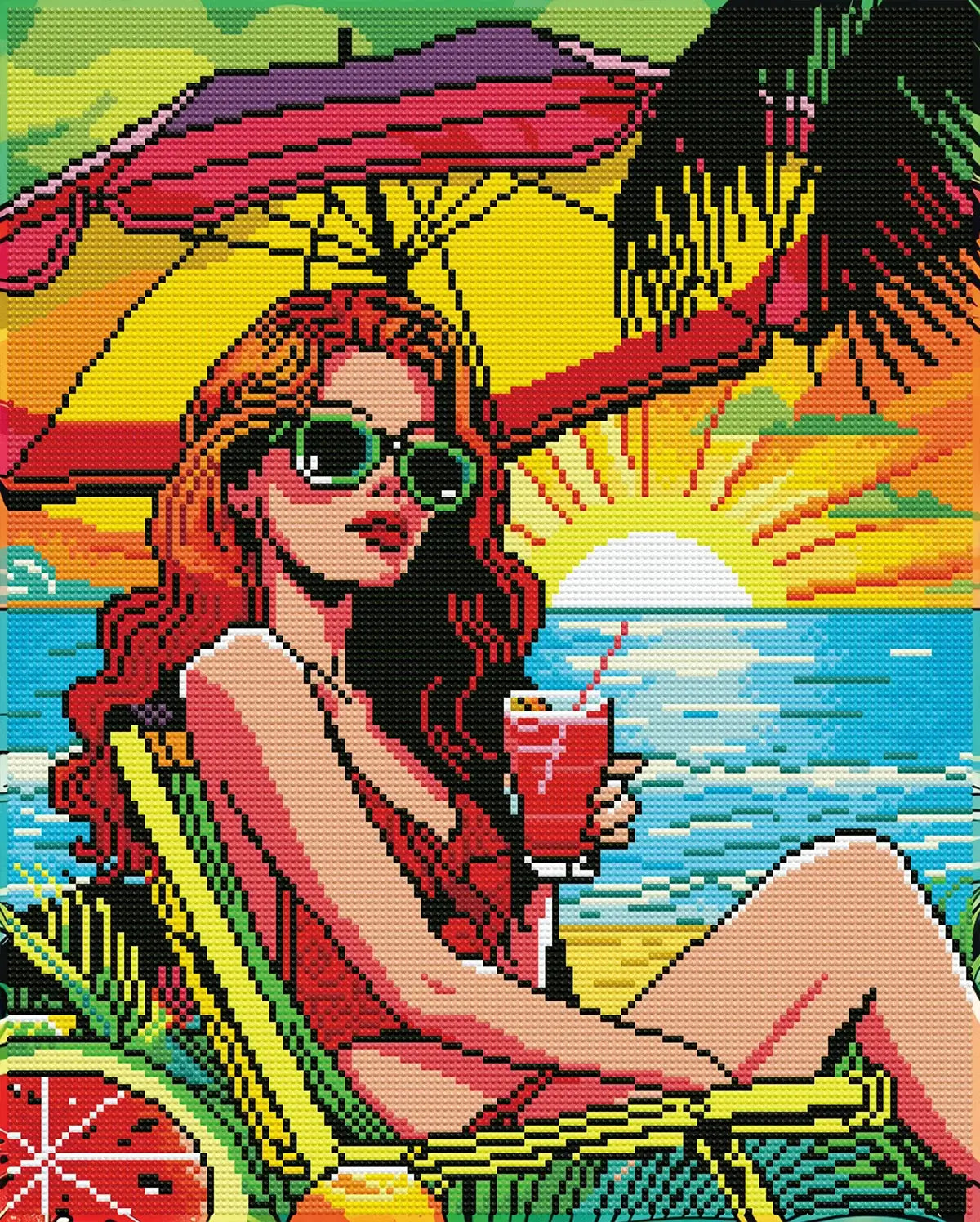 Finished Sunset Sip diamond painting with neon drills and AB drills sparkling across sunset beach colors - FEELOOK Art