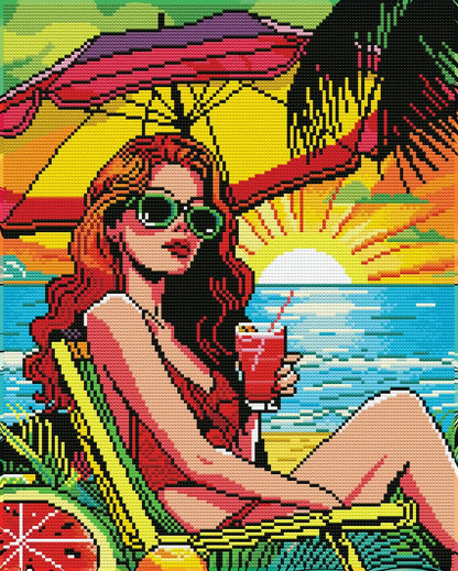 Finished Sunset Sip diamond painting with neon drills and AB drills sparkling across sunset beach colors - FEELOOK Art
