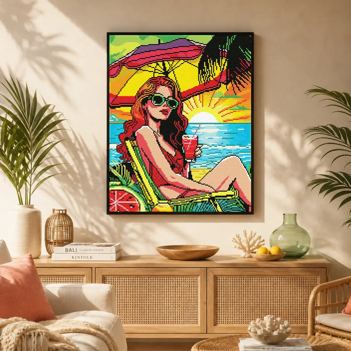 Sunset Sip diamond painting displayed as bold tropical beach wall decor with sunset colors and summer mood - FEELOOK Art