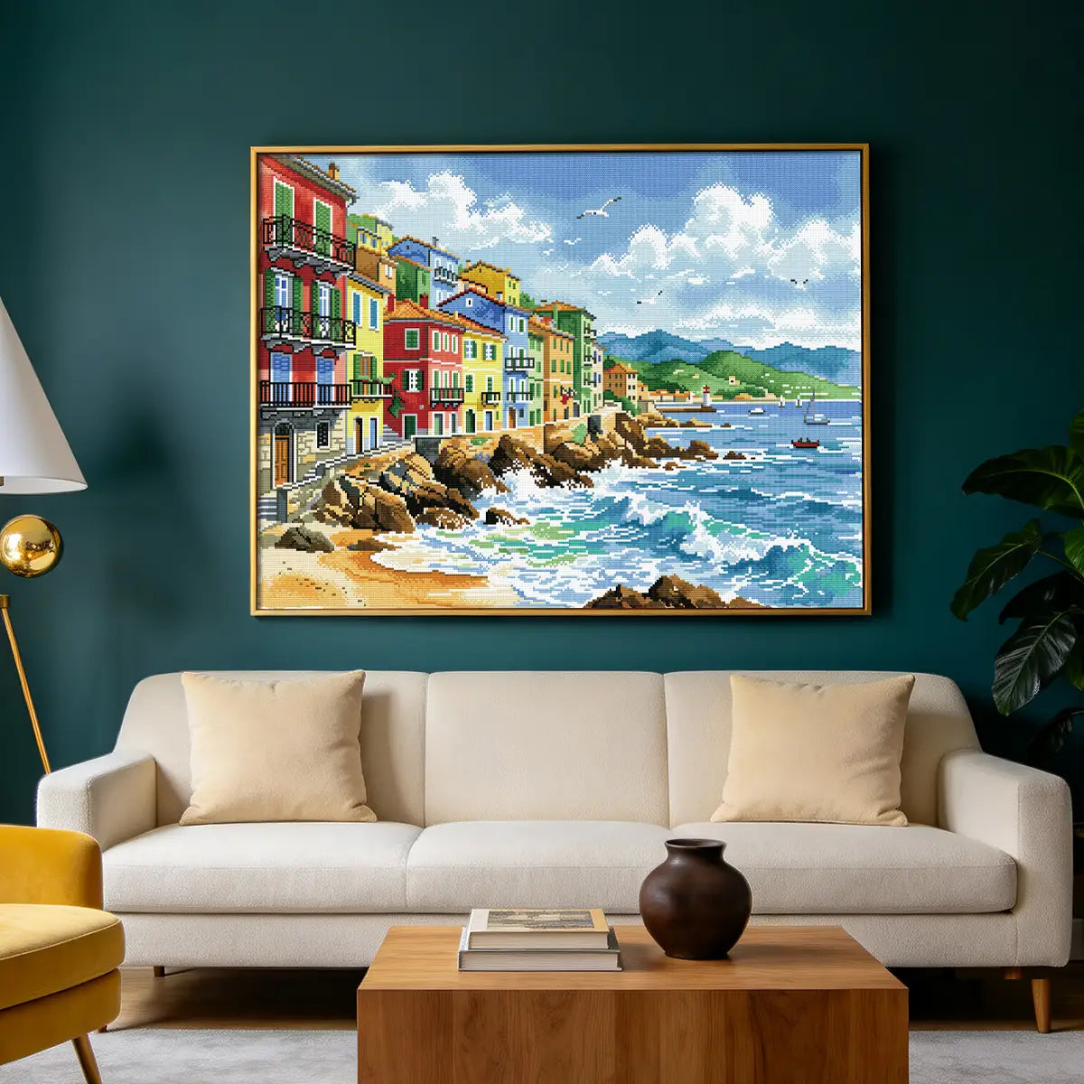 Sunset Tide 5D diamond painting in bedroom: creates coastal serene atmosphere - FEELOOK Art