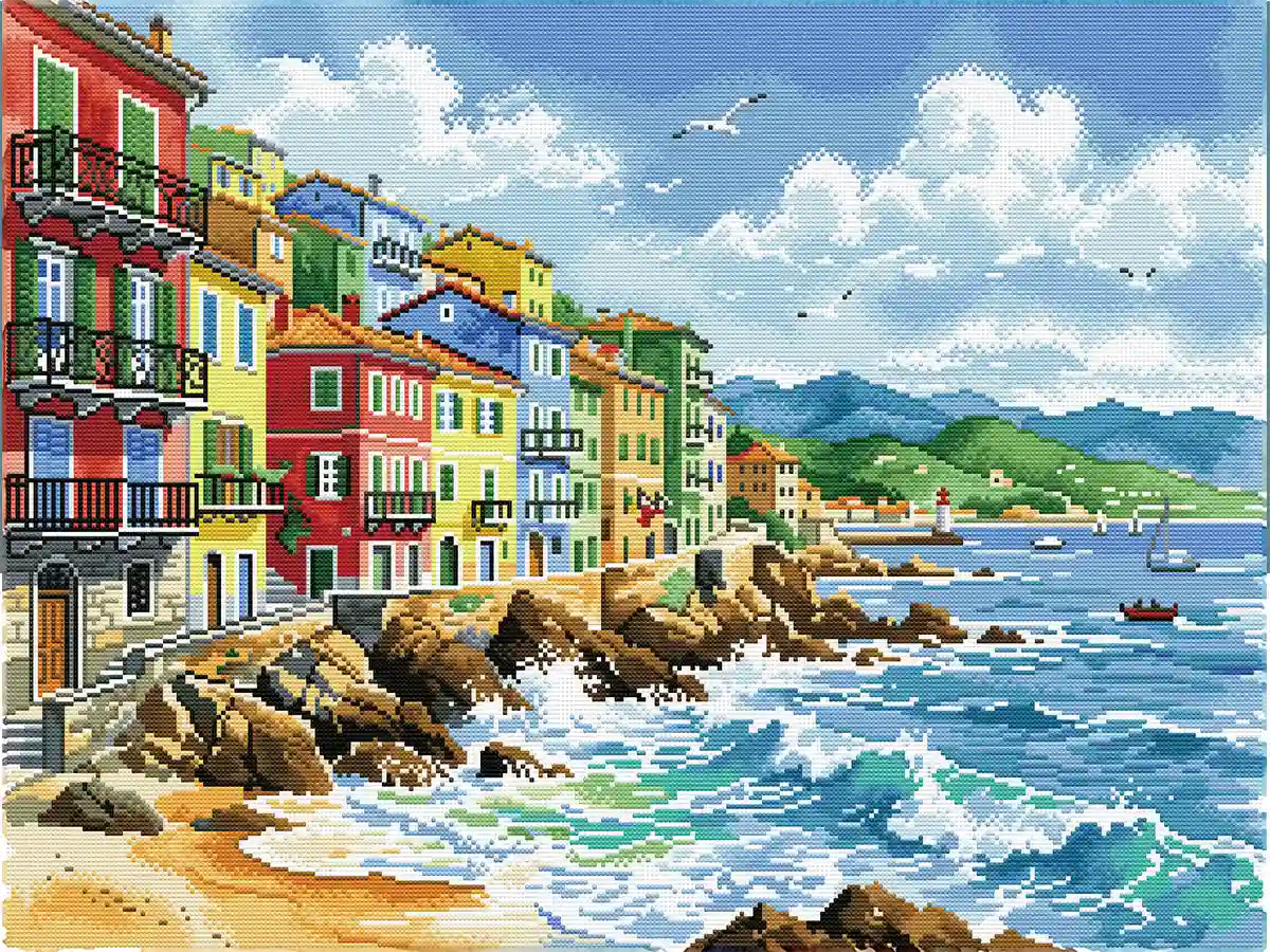 Completed Sunset Tide 5D diamond painting: detailed coastal town scene with sparkling diamond details - FEELOOK Art