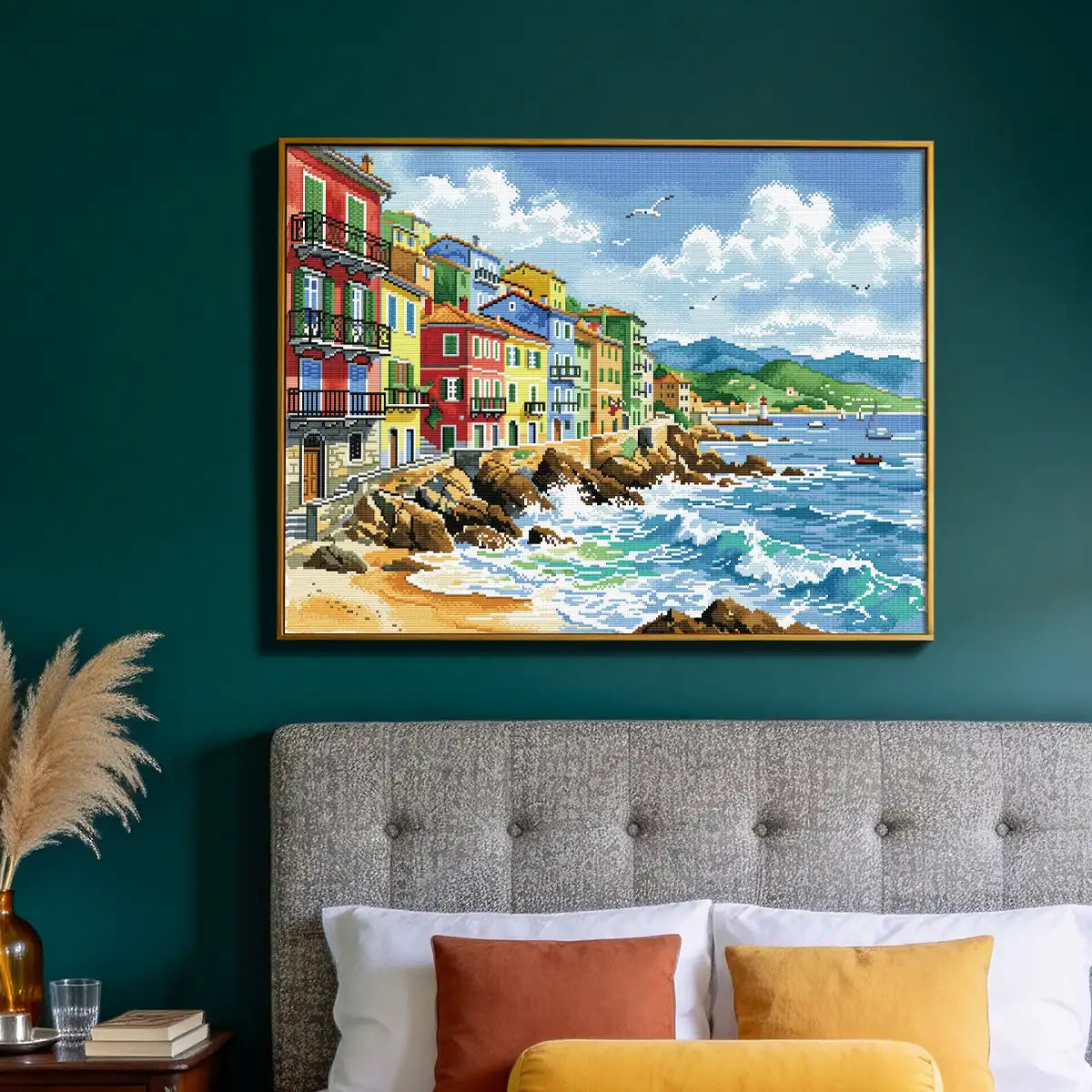 Sunset Tide 5D diamond painting in living room: adds Mediterranean charm to decor - FEELOOK Art