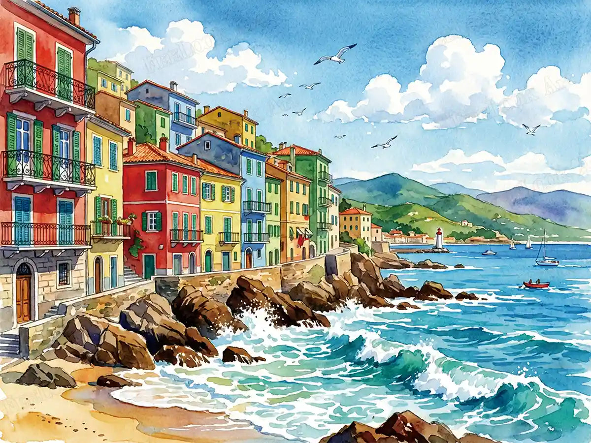 Main image of Sunset Tide 5D diamond painting: vibrant Mediterranean coastal town with colorful houses & sea views - FEELOOK Art