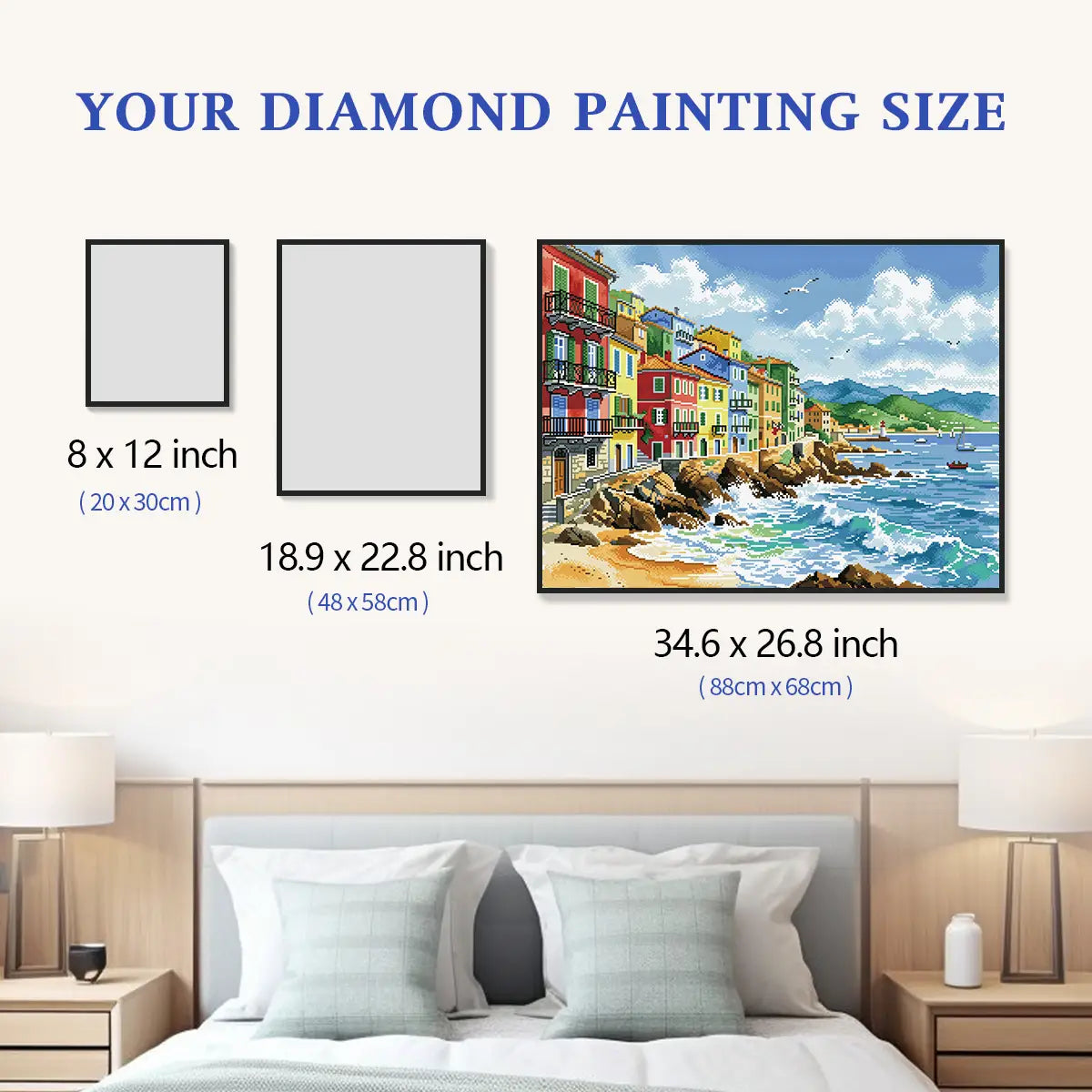 Size chart for Sunset Tide 5D diamond painting: multiple decor options - FEELOOK Art