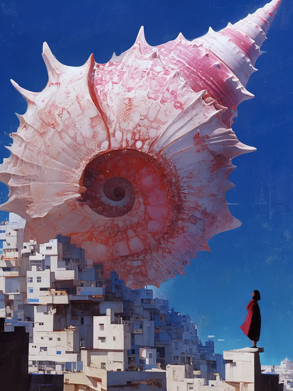 Surreal Conch 5D diamond painting kit with giant pink shell, blue sky and mystical coastal fantasy - FEELOOK Art