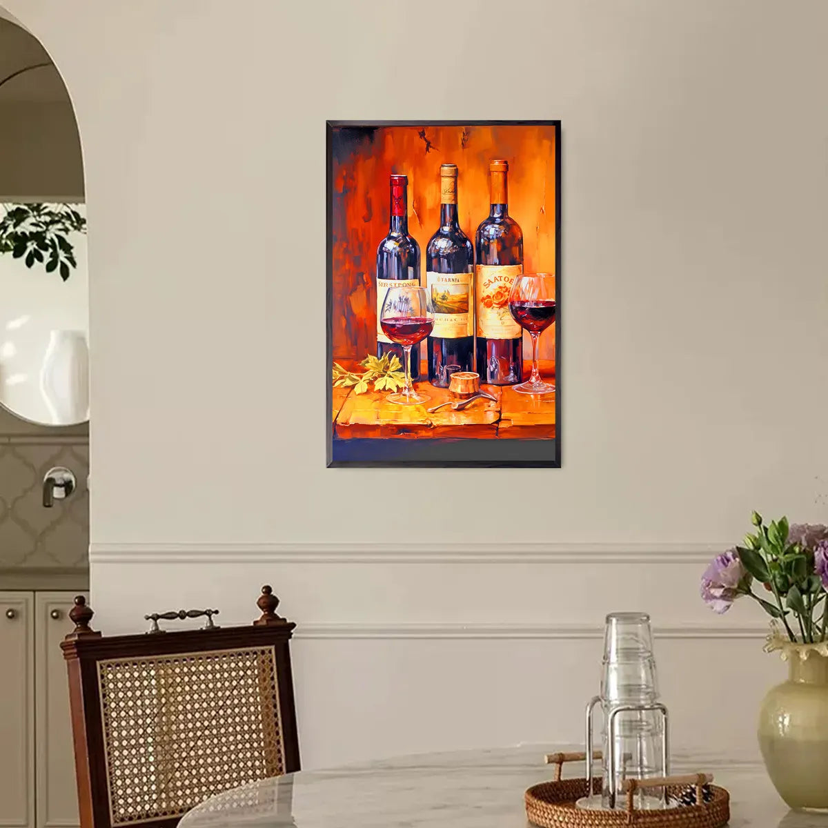 Room view with Table Wine diamond painting in a cozy wine-themed setting