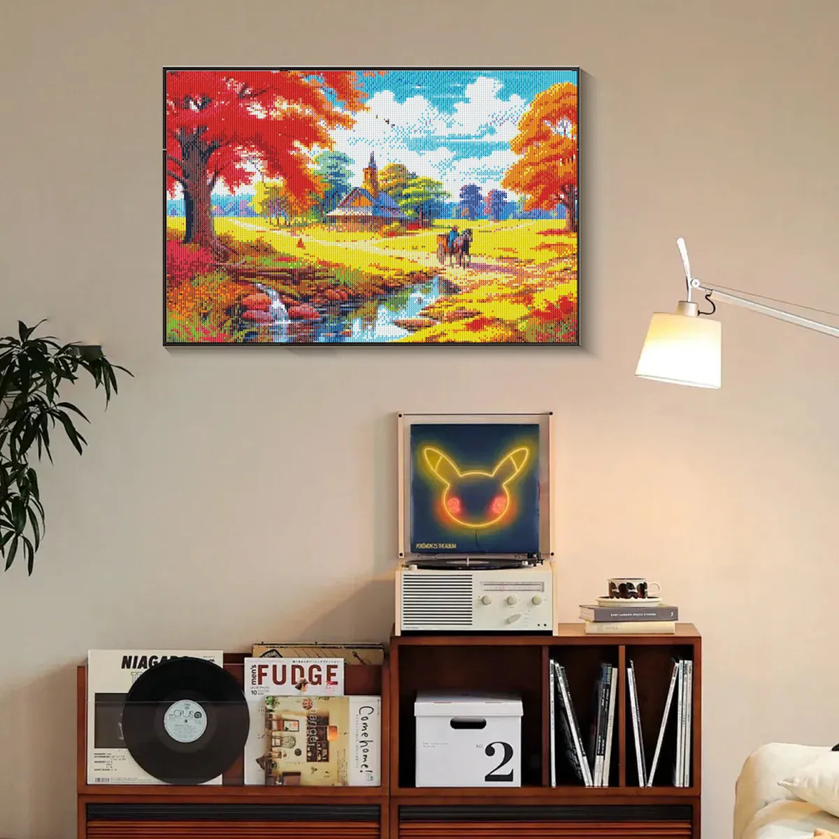 Cozy autumn landscape diamond painting framed in rustic wood cabin.