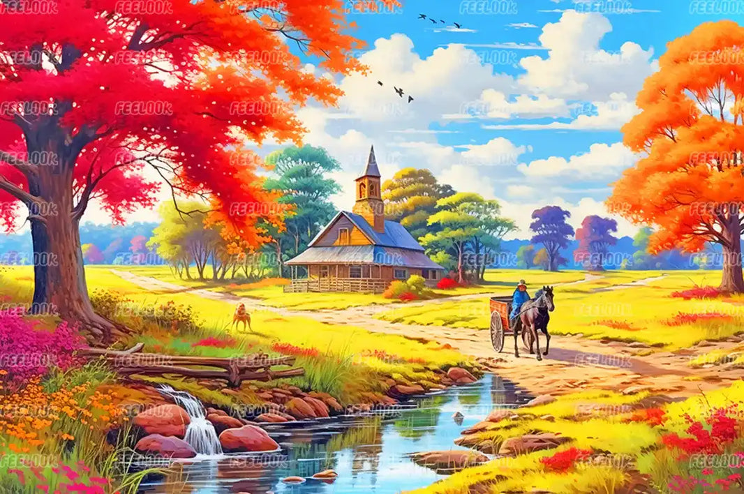 Diamond painting kit of colorful autumn trees, stream, and cottage in full drill round diamonds.