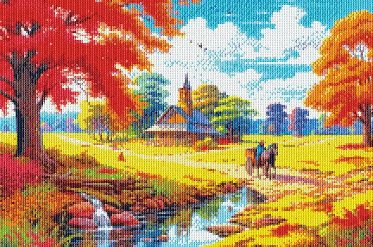 Finished autumn landscape diamond painting with maple trees and tranquil cabin.