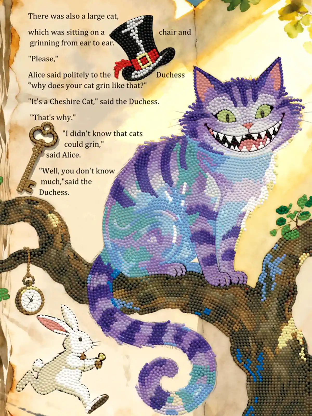 Finished The Cheshire Cat diamond painting showcasing shimmering drills and bold fantasy details – FEELOOK Art
