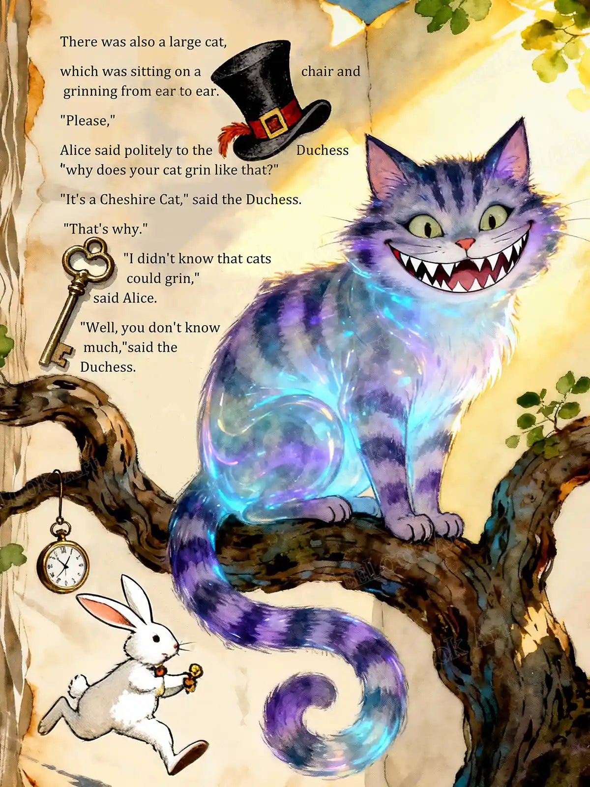 The Cheshire Cat diamond painting featuring the iconic smiling cat from Wonderland with vibrant magical colors – FEELOOK Art