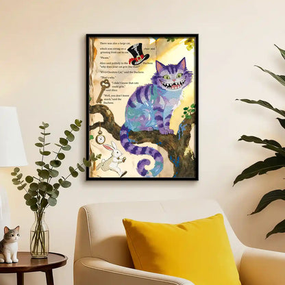 The Cheshire Cat diamond painting displayed in a modern room, adding a bold and mysterious fantasy accent – FEELOOK Art
